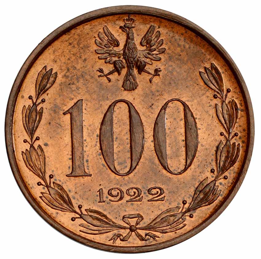 II RP 100 marek 1922, Piłsudski, PRÓBA, miedź z kolekcji Włodzimierza Głuchowskiego
